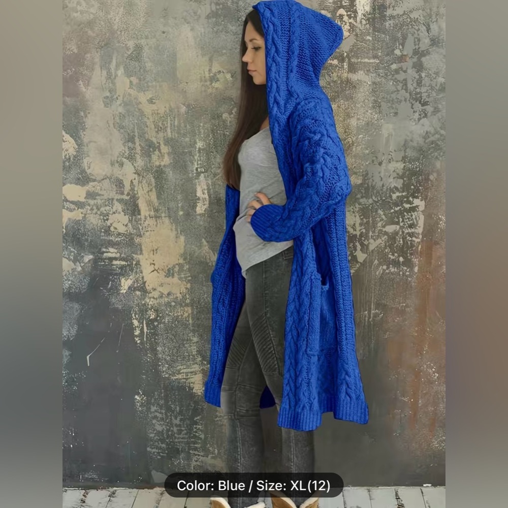 Long blue cable knit hooded sweater NWOT